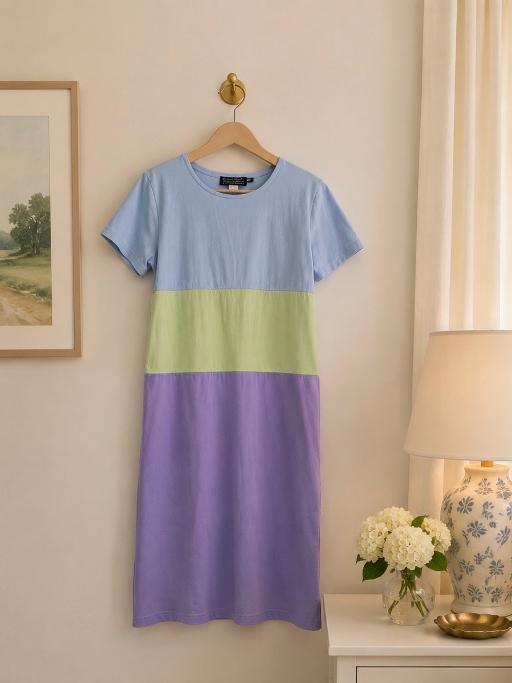 Vintage 1980s Willow Ridge Colorblock T-Shirt Dress Medium Boho Pastel Midi